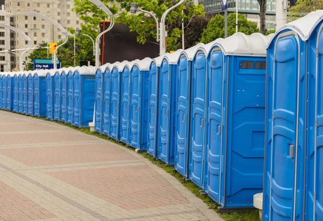 portable restrooms lined up at a marathon, ensuring runners can take a much-needed bathroom break in Eatonville